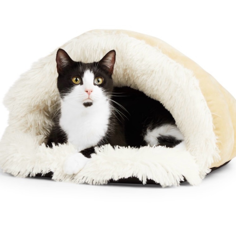 Plush Cat Cave Bed - Cream Interior with Black Exterior